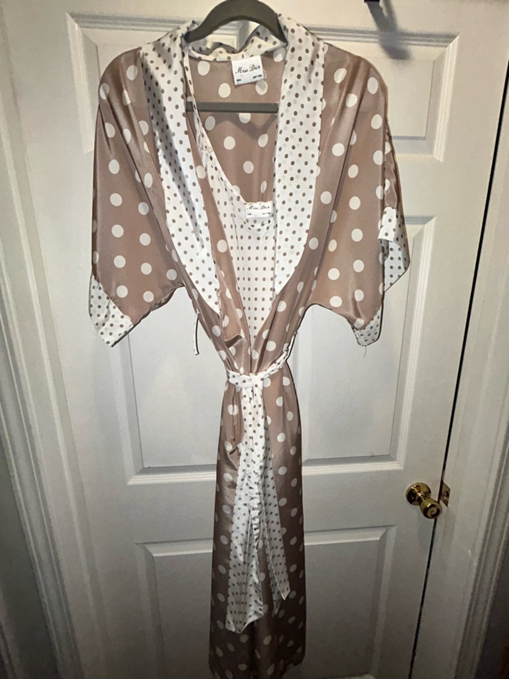 Polka Dot Satin Robe - Taupe & White